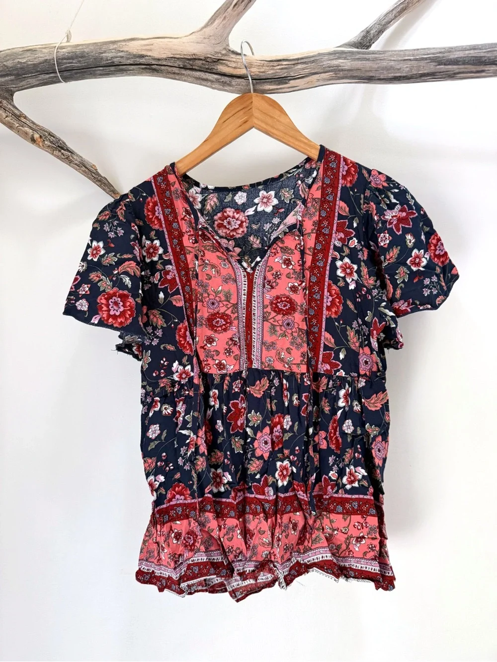 Shein | Women’s Boho Navy Coral Bohemian Floral Blouse Top Viscose Medium GUC - Picture 1 of 8